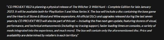 CDPR确认推出《巫师3》次世代实体版 1月下旬发售